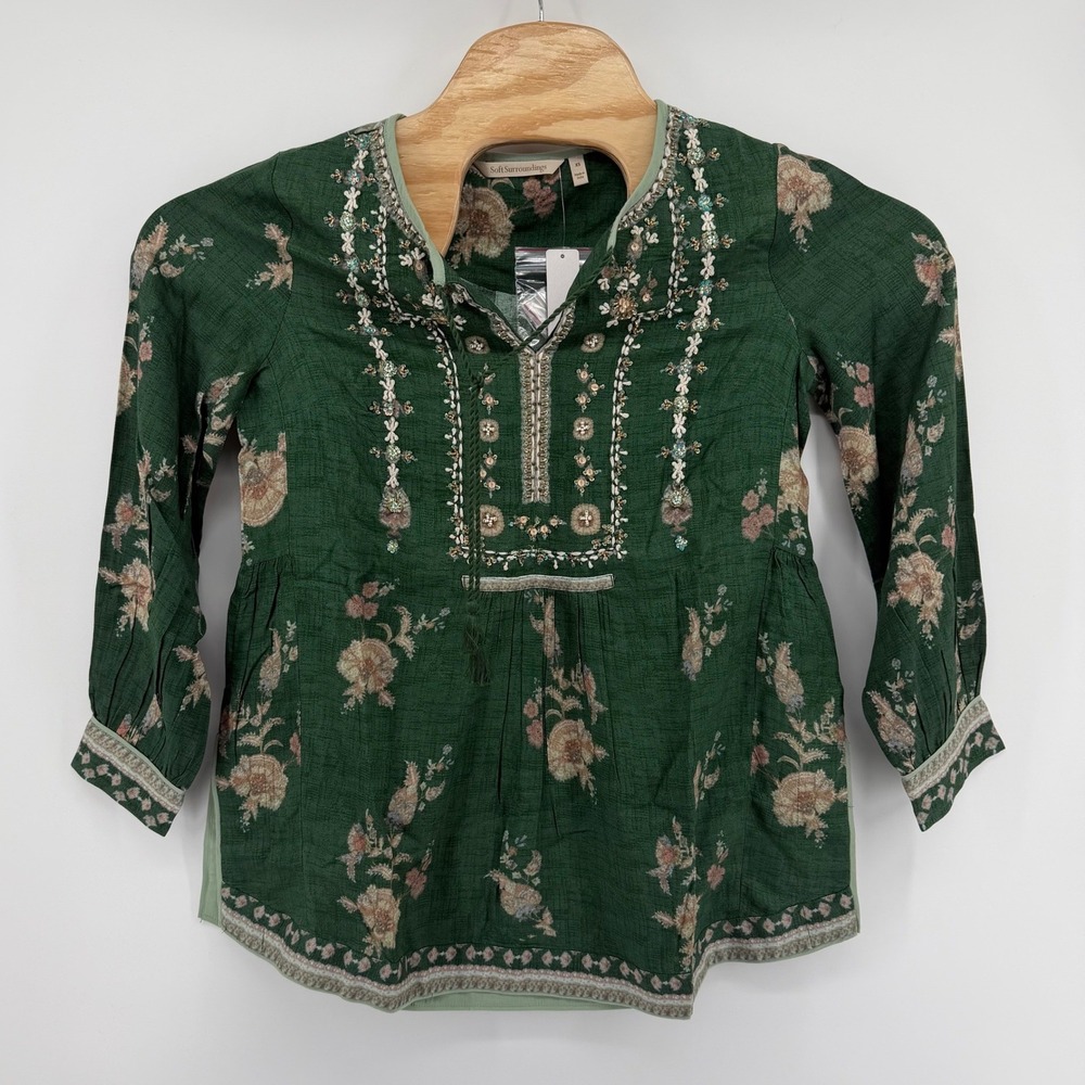 Soft Surroundings Green Floral Embroidered Tunic Blouse X-small